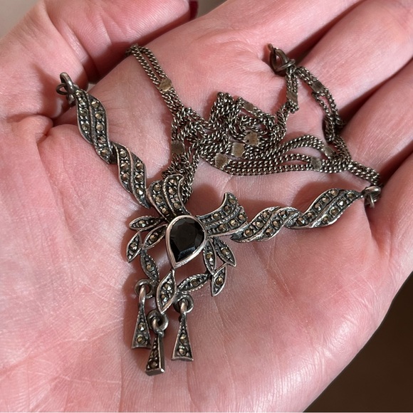 Antique Art Deco 1920's Sterling Silver Marcasite black Onyx Choker necklace - Picture 15 of 17